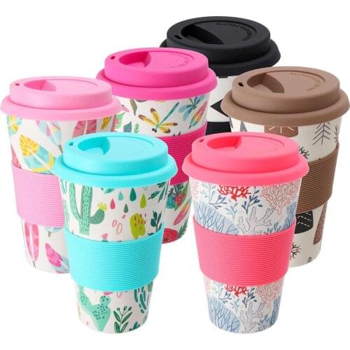 400ml Portable Practical Reusable Bamboo Fiber Silicone Cap Coffee Cups Eco Friendly Non-slip Printing Travel Mugs Useful