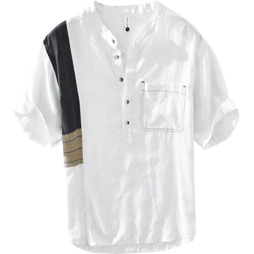 Pure Linen Short Sleeve Shirt for Men Summer New Japanese Fashion Pullover Tops Male Thin Slim Fit Button Up Retro Clothes