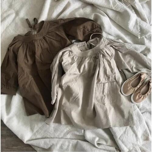 INS Style Loose 2-7Y Kids Girls Dress Puff Long Sleeve Autumn Pocket Children Girl Clothes Simple Style Dress for Girl