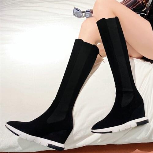 Fashion Sneakers Women Black Genuine Leather Wedges High Heel Mid Calf Boots Female Pointed Toe Thigh High Platform Pumps Shoes