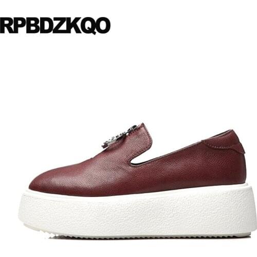 Black Metal Creepers Platform Shoes Fitness Thick Sole Elevator Loafers Women Genuine Leather Handmade Muffin Red Wine Designer
