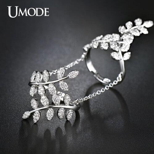 UMODE Olive Branch Finger Rings Micro CZ White Gold Color With Chain Jewelry for Women Bague Femme Female Ring Bijoux UR0266