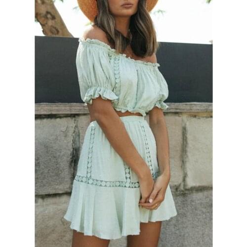 Musuos Summer Beach Ckothes Sets Ladies Women Off Shoulder Blouse&Skirts Ruched Crop Top High Waist Mini Skirts Holiday Outfits