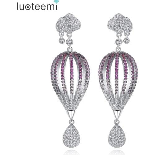 LUOTEEMI Fascinating Half Hot Air Balloon Statement Long Dangle Earrings For Women Multi Color CZ Stone Romantic Earring Jewelry