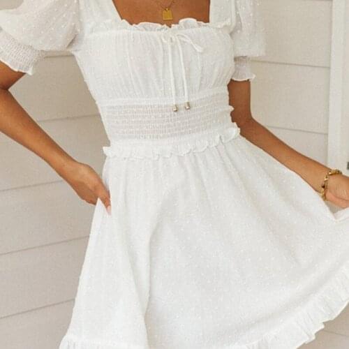 2021 New Summer Square Collar A Line White Womens New Back Lace-up Ruffles Holiday Vestidos Femme Elegant Midi Party Sundress