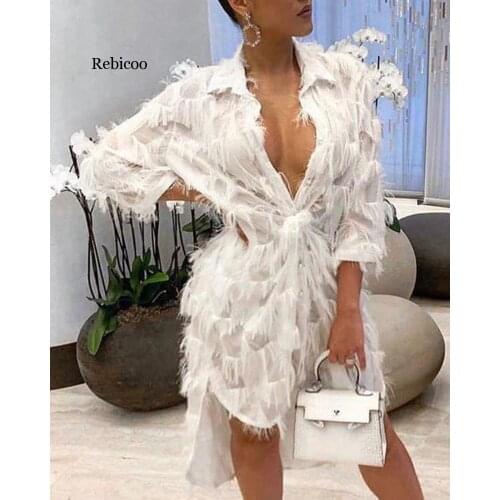White Tassels Asymmetrical Shirt Dress Women Shirt Dress Sexy Solid Office Lady Batwing Sleeve Irregular Loose Dress