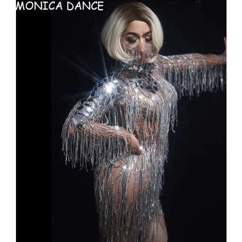 Sexy Singer Dancer Concert Performance Silver Mirror Tassel Dress Stage Costume Fringe Sleeve Sequins Short Dress Birthday Dress