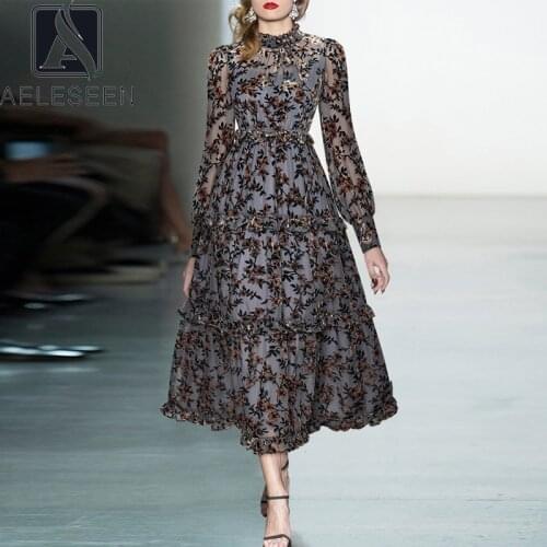 AELESEEN Designer Fashion Summer Spring Vintage Dress Women Stand Lantern Sleeve Elegant High Quality Long Dresses