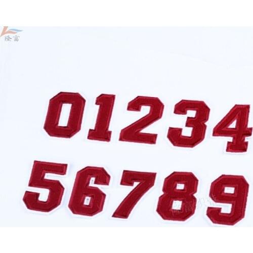100pcs/lot Dark Red Digital Numbers Embroidery Patch Jersey Label Iron on Transfers for Clothing Decoration Applique