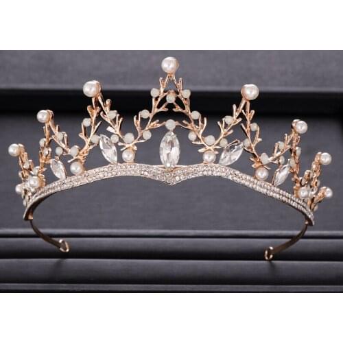 AiliBride Crown Pearl Crystal Gold Queen Bridal tiara Headpiece Hair ornaments Wedding Hair Accessories Prom Women Hair Jewelry