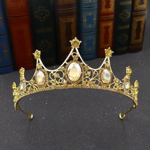 Baroque Yellow Crystal Tiaras and Crowns Headbands Pageant Prom Wedding Hair Jewelry Bridal Diadem Head Ornaments Girls