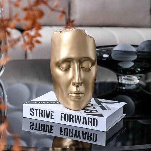 Home Modern Minimalist Model Room Living Room Entrance Hall Face Portrait Statue Black Gold Mask Sculpture Decoration Figurines