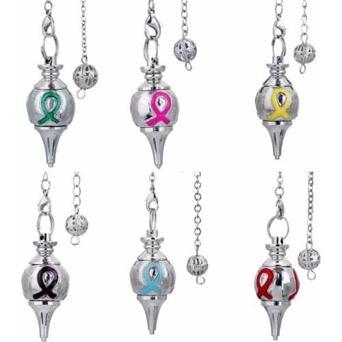 SUNYIK Enamel Ribbon Cancer Disease Awareness Cone Ball Pendant Pendulum With Chain Silver Color Jewelry