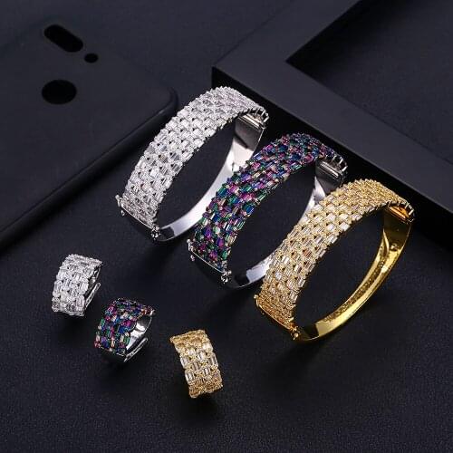 Jankelly Gold-Color Bangle Bracelets Ring Sets Dubai Silver Bridal Jewelry Sets For Women Wedding brincos para as mulheres