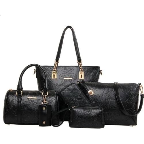 6pcs Women Bag Set PU Leather Handbag Vintage Designer Shoulder Crossbody Bag Ladies Tote Hand Bag Flower Embossed Clutch Purse