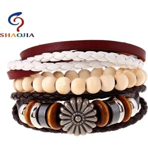 1 Set 3 PCS Leather Bracelet Mens Multi-layer Wood Beads Bracelet Womens Retro Punk Casual Mens Jewelry Bracelet Jewelry Men