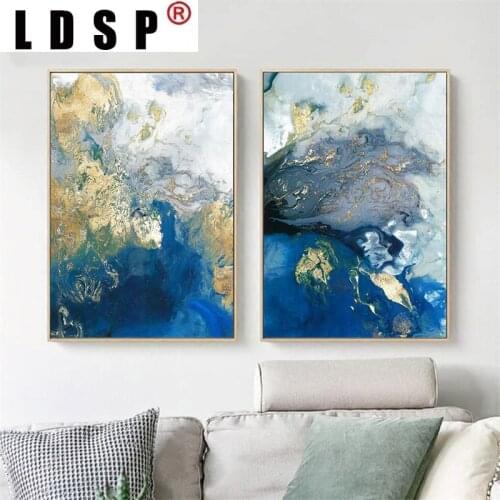 LDSP Nordic Abstract Blue Golden Ocean Canvas Painting Wall Art Print Poster Picture Modern Living Room Home Decor