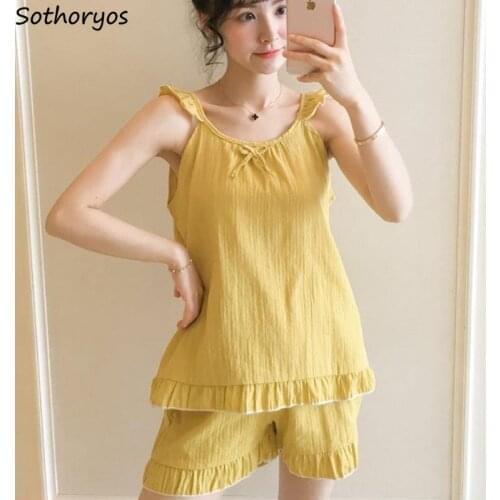 Summer Soft Pajama Sets Women Bow Sleeveless Kawaii Ruffles Ladies Sleepwear Solid Loose Casual Korean Style Teens Loungewear