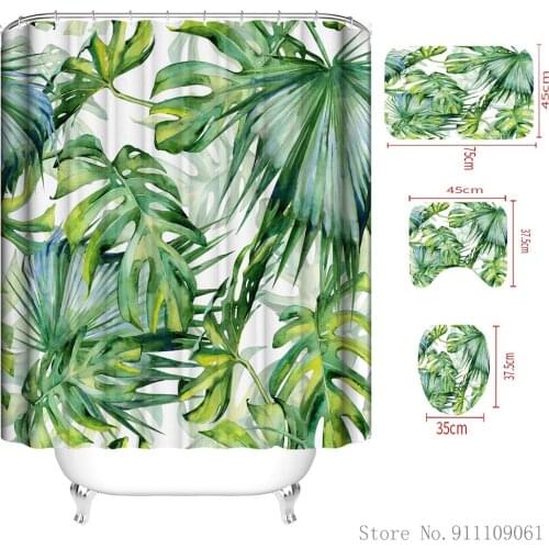 Fashion Green Leaf Printed Shower Curtain Non-slip Carpet Bathtub Toilet Mat Waterproof Mildew Proof Decorative Shower Curtain