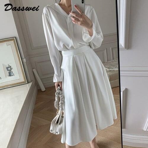 DASSWEI Fashion Women Two Piece Dress Sets Long Sleeve Elegant Blouse Tops A-Line Skirt Female Solid outfits Office Lady Autumn