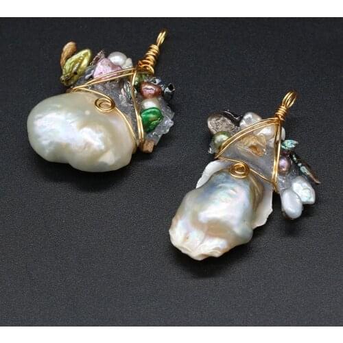 Natural Freshwater Cultured Pearl Pendant Copper Wire Winding Stone Charms for DIY Jewelry Making Earrings Necklace Accessories