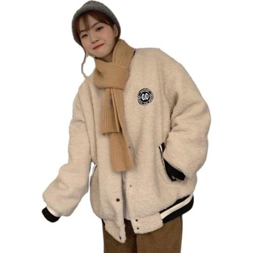 Lamb Fur Coat Womens Autumn And Winter Versatile Plush Baseball Jacket Korean Loose Winter Warm Plush Top Em