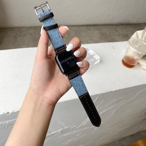 Genuine Leather Watchband 38mm 40mm for iwatch 2 3 4 5 6 SE Canvas denim Replace Wrist Strap 42mm 44mm for Apple Watch Bracelet