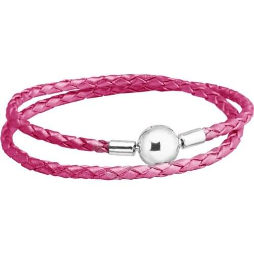 Rose Round Clasp Leather Bracelets 100% 925 Authentic Sterling Silver-Jewelry Free Shipping