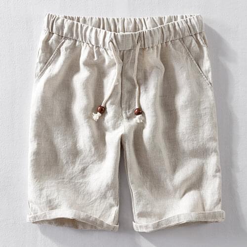 Men Summer New Fashion Pure Linen Elastic Waist Shorts Male Solid Color Simple Casual Slim Shorts Daily Pants