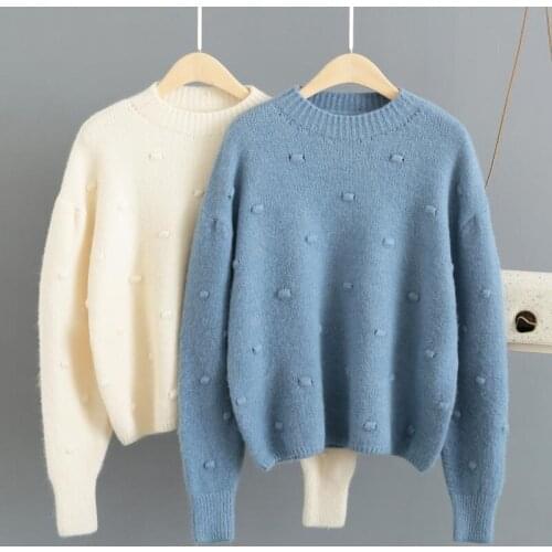 Woman Sweaters 2021 Spring Tops Polka Dot Turtleneck Sweater Round Neck Pullovers Solid Jumper ST004