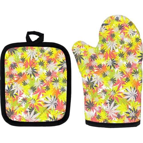 Heat Resistant Oven Gloves Colorful Jamaica Leaf Printing 2pcs Baking Tools Heatproof Mitts and Pot Holder Mats Home Kitchen