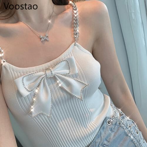 Camisole Women Chic Knitted Crop Tops Summer Sweet Bow Chain Straps Slim Camis Clothes Girly Sexy Punk Cute Sleeveless Beachwear
