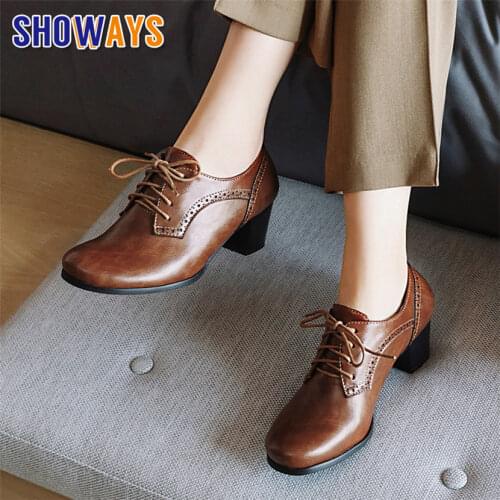 British Retro Women Pumps Black Brown High Block Heel Derbies Dress Office Ladies Brogues Vintage Lace-up Round Toe Travel Shoes