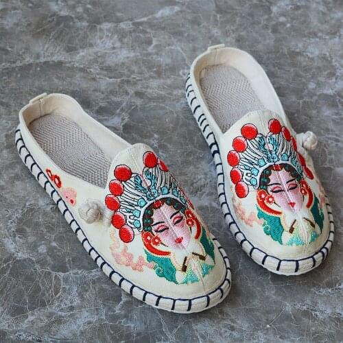 Vintage Old Beijing Embroidered Ladies Canvas Flat Mules Summer Women Casual Comfort Close Toe Shoes Espadrilles Slippers