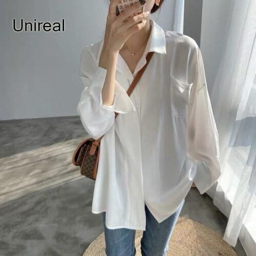 Unireal 2021 Summer Oversized Tops Women White Shirt Long Sleeve Loose Casual Cotton Blue Shirt Blouse