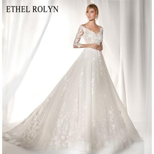 ETHEL ROLYN Long Sleeves Wedding Dresses 2021 Vestido De Noiva Sexy V-neckline Lace A Line Bride Appliques Button Bridal Gowns