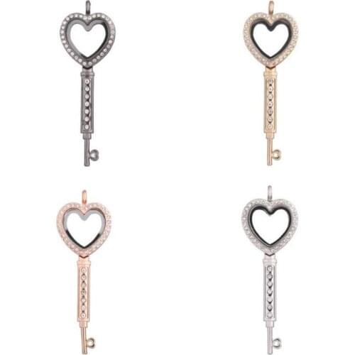 1PC Alloy key heart Rhinestones Magnetic Glass Locket Living Memory Floating locket pendant Fit for necklace women Jewelry