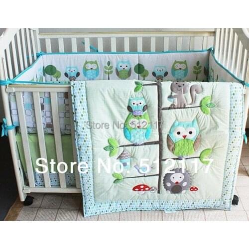 2014 New 7pcs Birdie Owlet Three Animals Embroidered Baby Cot Crib Bedding Set 4 items Quilt Bumper Sheet Skirt cyan color