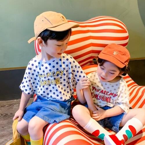 2021 Summer unisex loose dot letter print Tee boys and girls short sleeve t shirts children casual all-match Tops