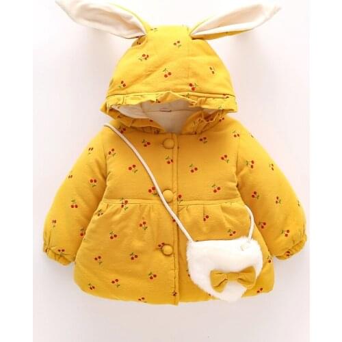 2021 Warm Winter Children Baby Kids Girls Coats Infants Ear Hooded Thicken Parkas Printed Cherry Velvet Outwear Casacos ADK364