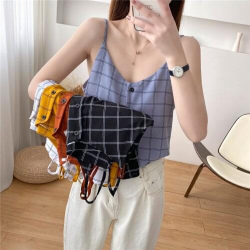 2021 Vintage V Neck Plaid Crop Top Women Sexy Party Summer Backless Y2K Button Off Shoulder Casual Loose ChiffonTank Tops