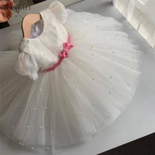 Short Sleeve Little Princess Dress Pearls Pink Bow Flower Girl Dresses Kid Birthday Party Dress Photoshoot