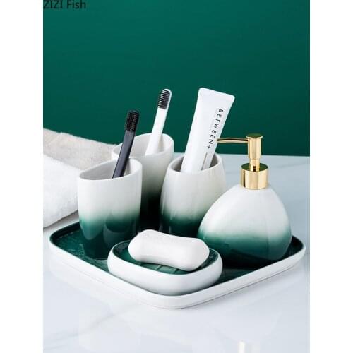 Gradient Green Ceramic Bathroom Accessories Toothbrush Holder/Lotion Bottle/Soap Dish/Tumbler Cup 5 Piece/Set Bathroom Products