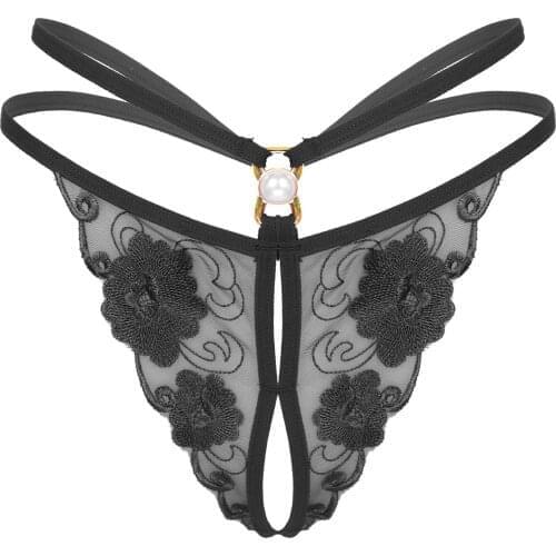 Lace Open Crotch Pearls Thongs Women Sexy Lingerie Erotic Underpants Mesh See-through Low Waist Crotchless Panties G-string