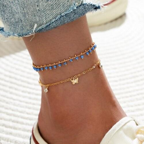 2 Pcs/Set Exquisite Butterfly Anklets Set Charm Women Multilayer Crystal Bead Chain Pendant Anklet Fashion Girl Beach Gift