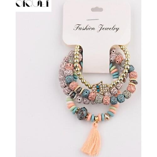 OIQUEI Vintage 4Pcs/Lot Women Bracelets Set Bohemia Charm CZ Hand Natural Stone Beads Tassel Pendents Bracelets Pour Les Femmes