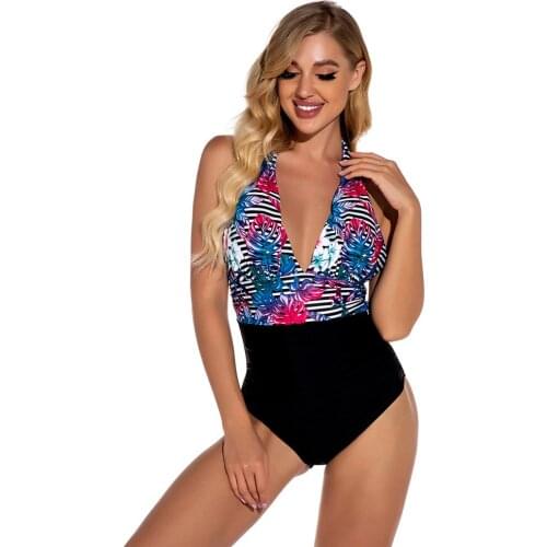 2021 New Sex Fashion Swimsuit Sexy Halter Neck Strap Halter Printing V-neck One-piece Beach High Waist Swimsuit