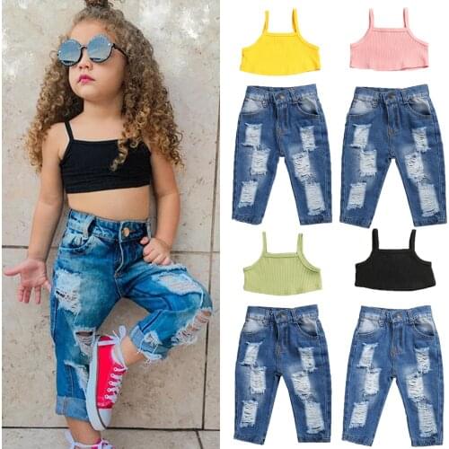 1-5Y Summer Clothing Kids Baby Girls Fashion 2Pcs Outfit Set Sleeveless Solid Ribbed Crop Top and Ripped Jeans Pants Set