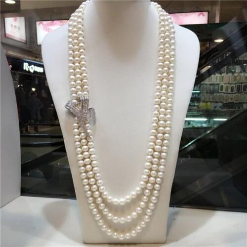 Beautiful 3 rows 25-27inch AAA 8-9mm White Round Freshwater Cultured Pearl inlay zircon Necklace