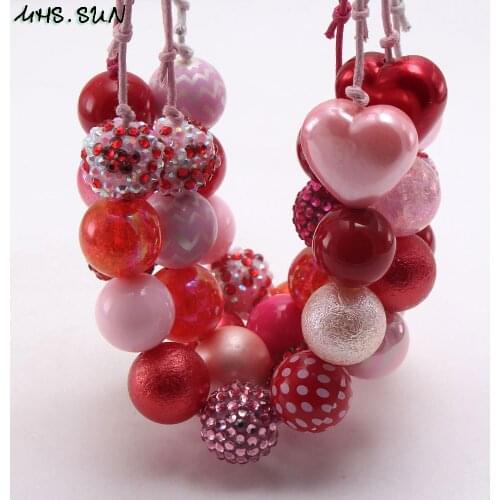 MHS.SUN fashion love heart beads necklace baby girls chunky bubblegum adjustable rope necklace for kids Valentines Day jewelry